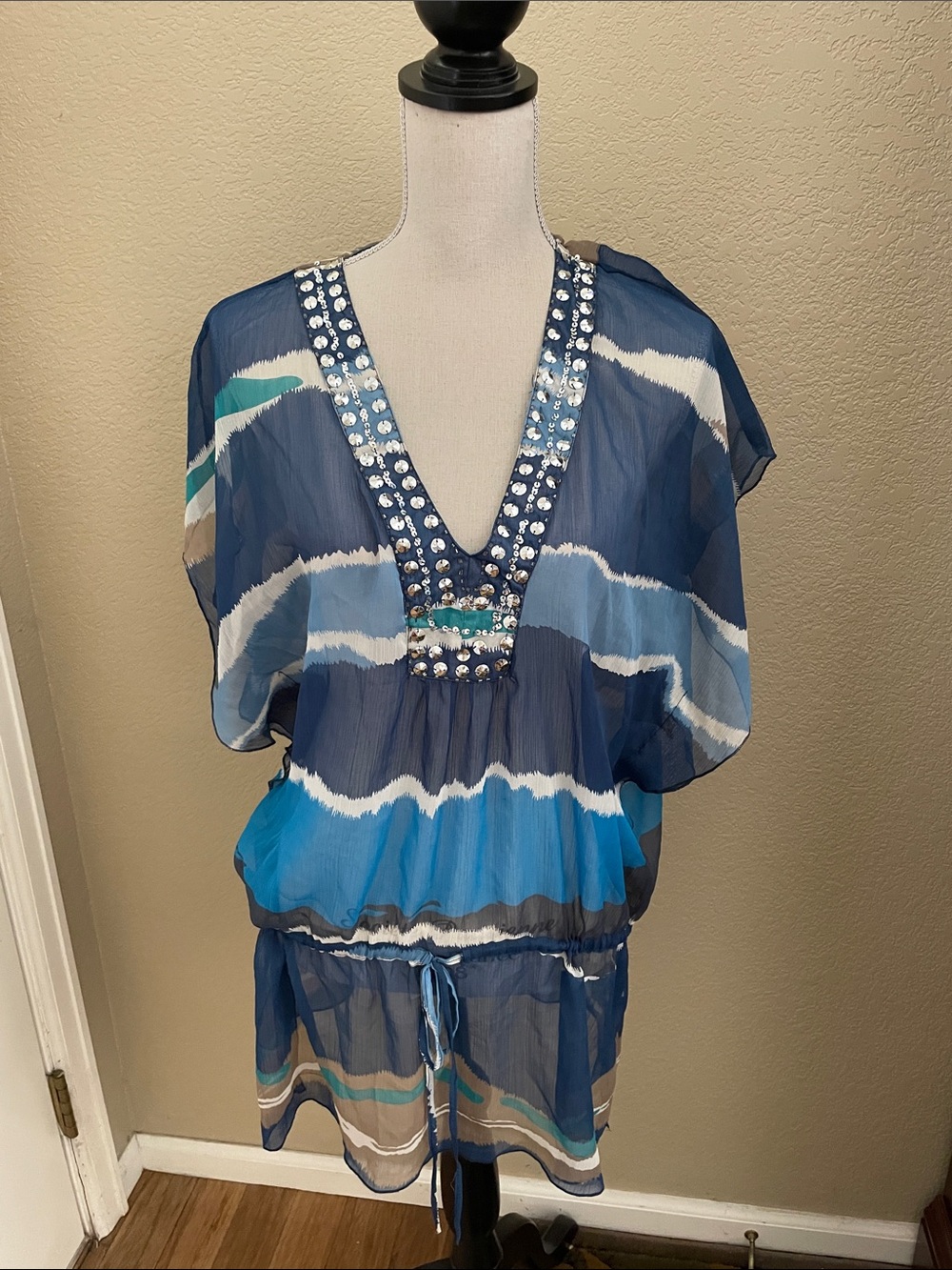 Embellished Navy Blue Sheer V-Neck Women's Top